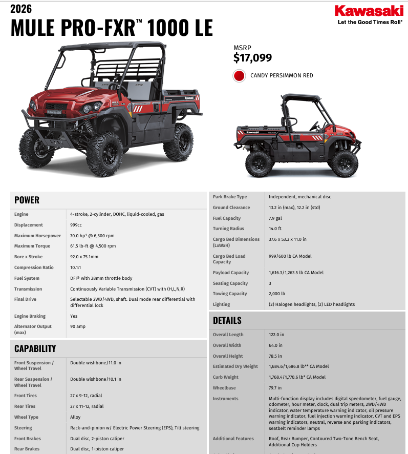 2026 Kawasaki Mule Pro FXR 1000 LE
