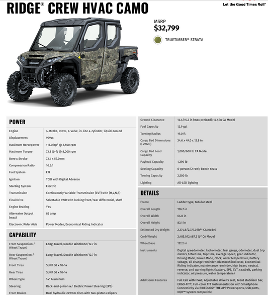 2026 Kawasaki Ridge Crew HVAC CAMO