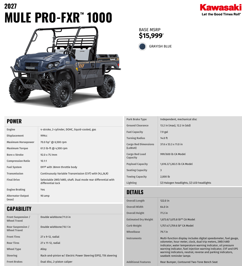2027 Kawasaki Mule Pro FXR 1000