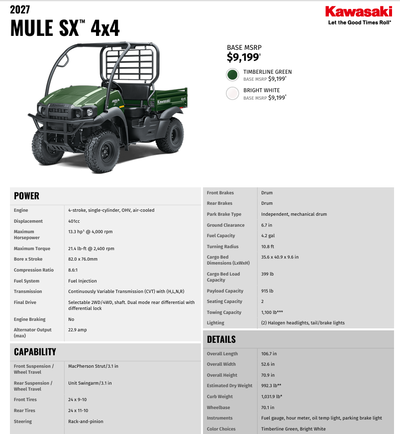 2027 Kawasaki KAF400PVFNN Mule SX 4x4