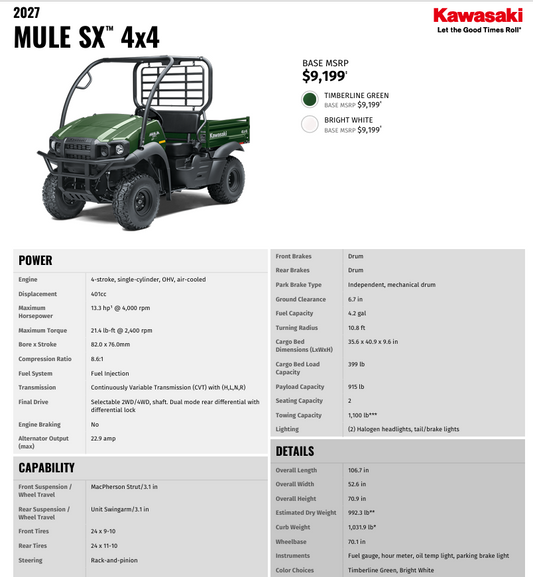 2027 Kawasaki KAF400PVFNN Mule SX 4x4