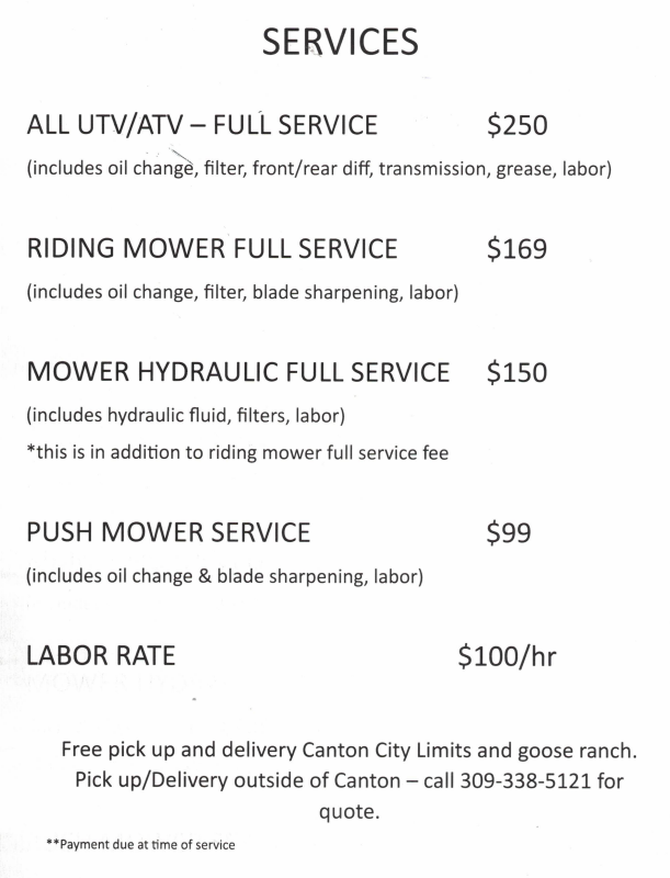 Service Prices - call 309-338-5121 to schedule