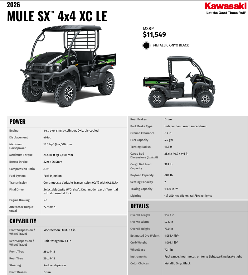 2026 Kawasaki Mule SX 4x4 XC LE