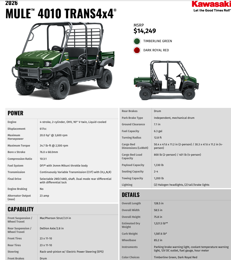 2026 KAT620BTFNN Mule 4010 Trans 4x4