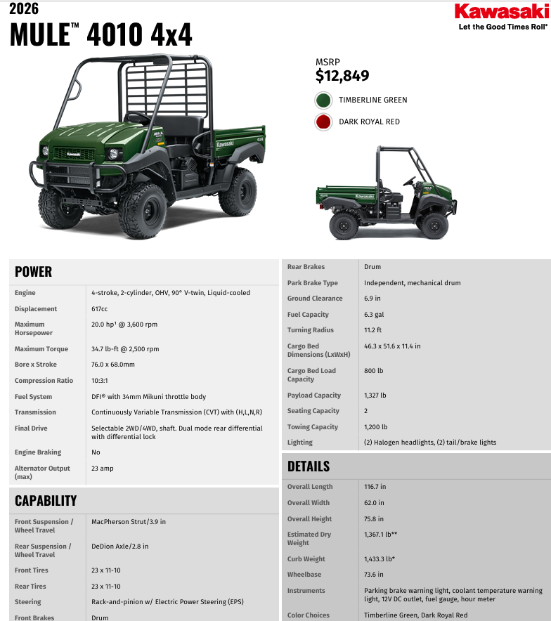 2026 KAF620MTFNN Mule 4010 4x4 EPS