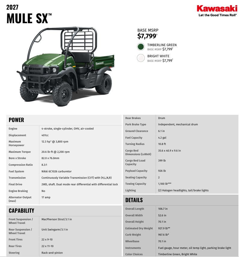 2027 Kawasaki Mule SX 2wd