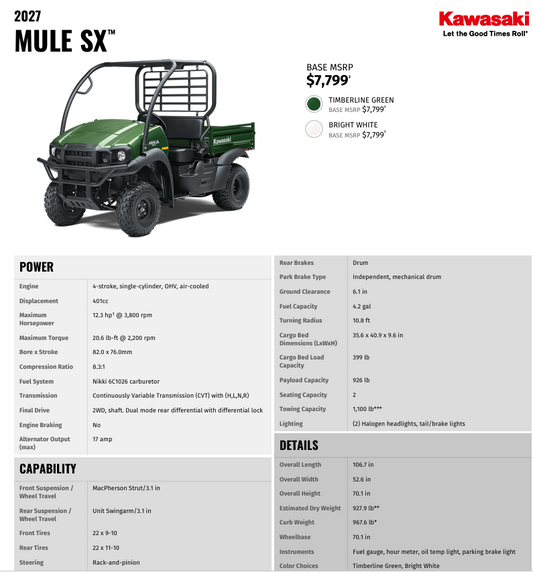 2027 Kawasaki Mule SX 2wd