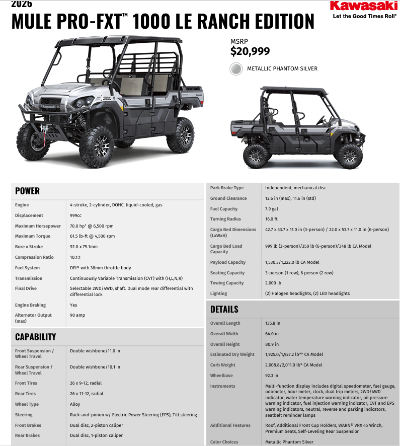 2026 Kawasaki Mule Pro-Fxt 1000 LE Ranch Edition